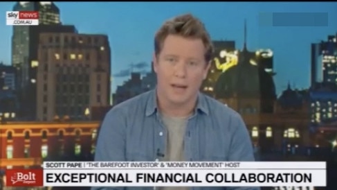 A screenshot from a deepfaked video of Barefoot Investor and News Corp columnist Scott Pape. Fakers manipulated footage from a real interview on Sky News to make it appear Pape was recommending a scam product.