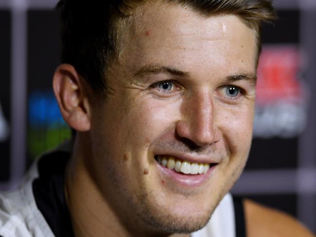 Port Power player Jack Trengove speaks to the media during post training press conference at Alberton Oval, in Adelaide, Monday, January 8, 2018. (AAP Image/Mark Brake) NO ARCHIVING