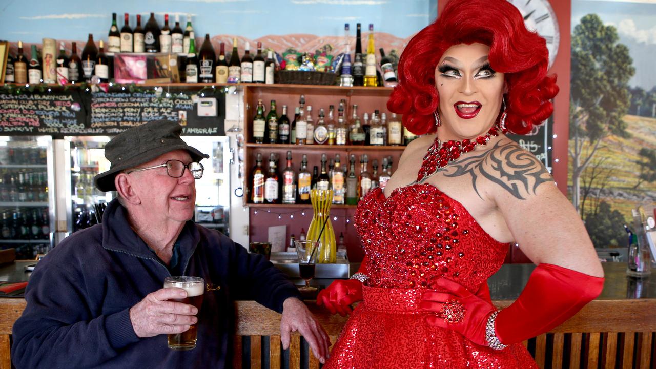 The locals have warmed to the festival which has turned into a money-spinner. Above, drag artist Philmah Bocks at the Palace Hotel in Broken Hill. Picture: Chris Pavlich.