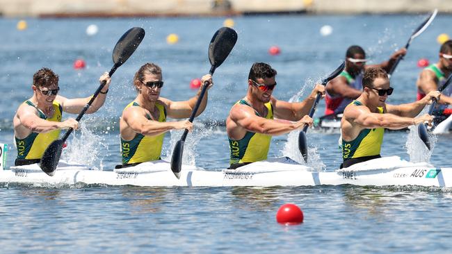 Lachlan Tame, Riley Fitzsimmons, Murray Stewart and Jordan Wood of Team Australia in the K4 500m in Tokyo.