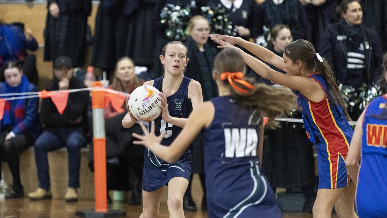 Scarlet Haywood of St Ursula's Junior B against Downlands Junior B in Merici-Chevalier Cup netball at Salo Centre, Friday, July 19, 2024. Picture: Kevin Farmer