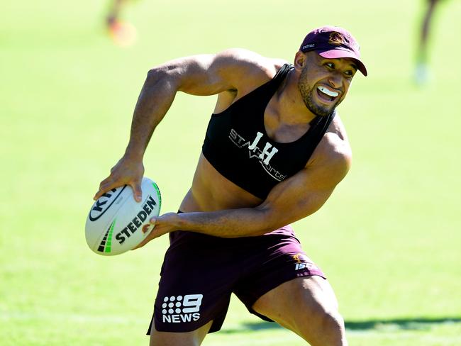 BRISBANE, AUSTRALIA - MAY 14: Jamil Hopoate passes the ball during a Brisbane Broncos NRL training session at the Clive Berghofer Centre on May 14, 2020 in Brisbane, Australia. (Photo by Bradley Kanaris/Getty Images)