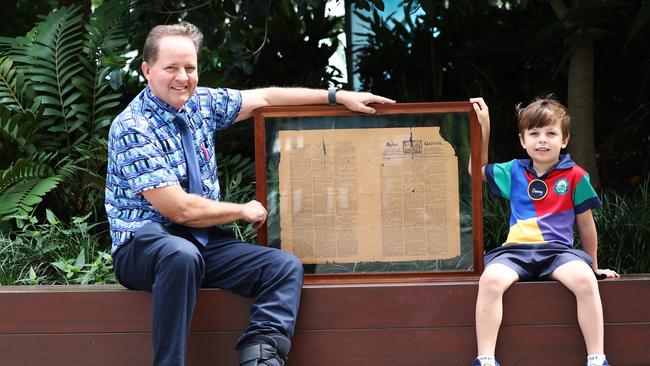 Teacher Tom Betts with a 250 year old Boston Gazette and student Danny Hartley who coincidentally turns 250 weeks this week at Somerset College. Photograph: Jason O'Brien
