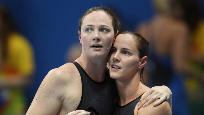 Cate and Bronte Campbell after finishing sixth and fourth in the women’s 100m freestyle final at the Rio 2016 Olympic Games. Picture. Brett Costello