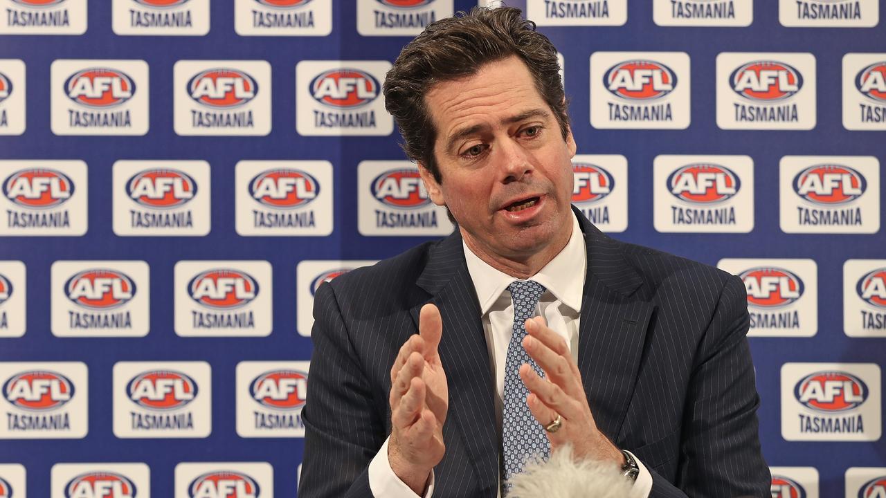 AFL CEO Gillon McLachlan speaks at Blundstone Arena about the findings into the AFL steering committee regarding football in Tasmania. Picture: Luke Bowden