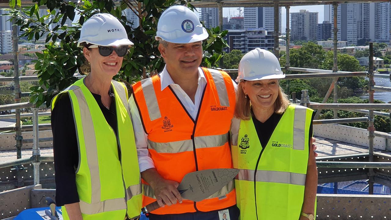 HOTA CEO Criena Gehrke and Gold Coast City Council Mayor Tom Tate and Deputy Mayor Donna Gates. Picture: Luke Mortimer