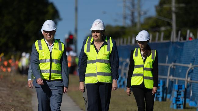 Deputy Premier Steven Miles, Premier Annastacia Palaszczuk and the new Housing Minister Meaghan Scanlon inspect Parkside Yeronga, a new urban renewal precinct on Brisbane’s south side. NCA NewsWire / Sarah Marshall