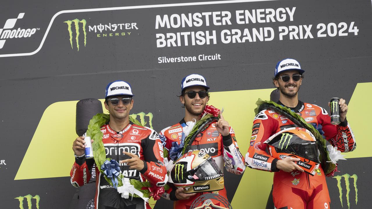 Enea Bastianini (centre) led yet another all-Ducati podium at Silverstone ahead of Jorge Martin (left) and Francesco Bagnaia (right). (Photo by Mirco Lazzari gp/Getty Images)