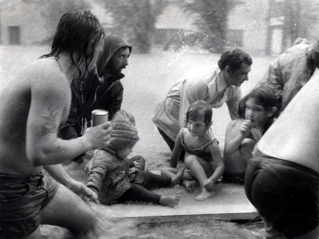 Northey Street Windsor. Children including Debbie Wemyss (C) being rafted to safety.