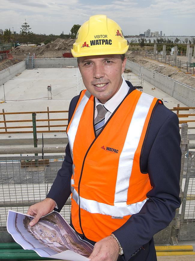 Peter Dutton visits the construction site for the Gold Coast Aquatic Centre, being built for the 2018 Commonwealth Games, back in 2013.