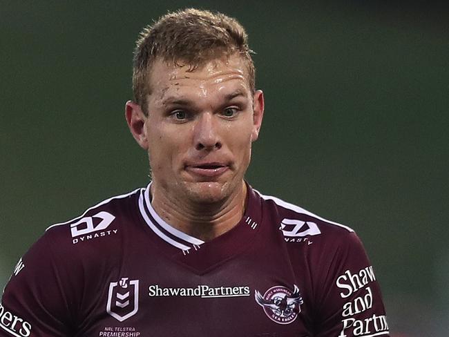 Manly's Tom Trbojevic during the Manly Sea Eagles v Canberra Raiders NRL match at Campbelltown Stadium, Sydney. Picture: Brett Costello