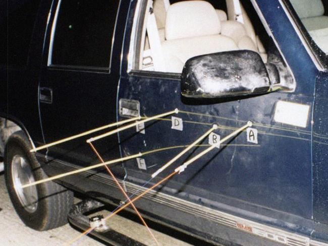 A photo from former LAPD Officer Greg Kading ahead of his Australian tour. It shows the exterior of Biggie Small’s car where the bullets penetrated the car. Picture: Supplied