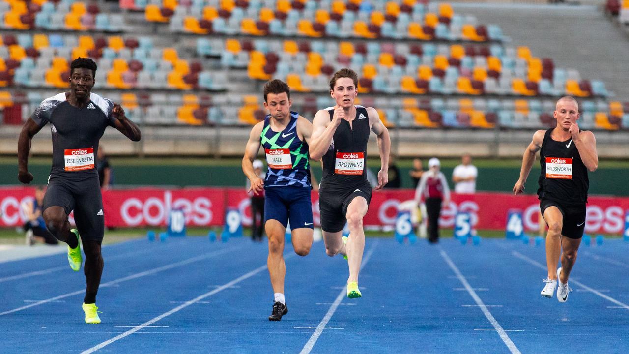 Rohan Browning (third from left) won the 100m at the Queensland Track Classic, securing a spot in the Olympic team.
