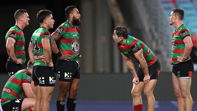 The emotional toll of the past few weeks was on display on Thursday as the Rabbitohs crashed to another defeat to stay anchored to the foot of the table. Picture: Cameron Spencer/Getty Images