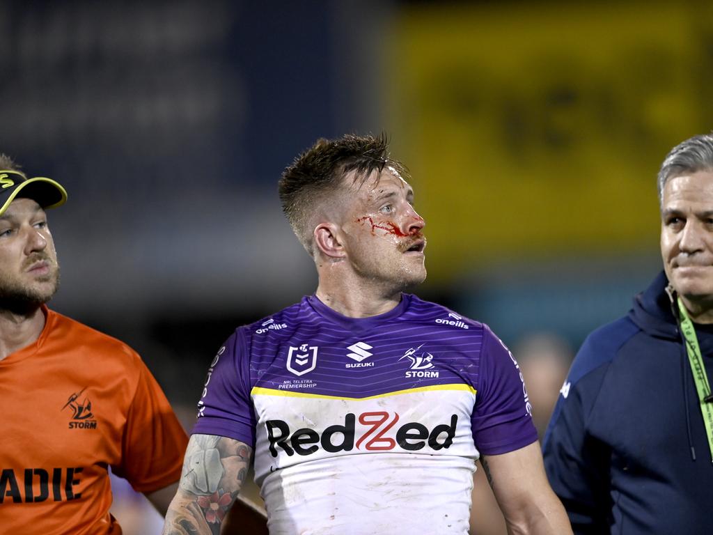 Cameron Munster was forced off the field after some friendly fire from Nelson Asofa-Solomona. Picture: NRL Imagery