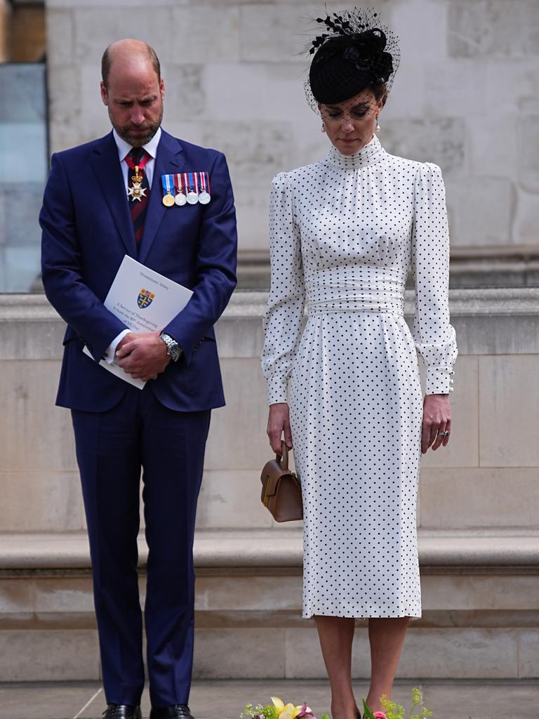 William and Kate lay flowers at the Innocent Victims' Memorial following a Service of Thanksgiving at Westminster Abbey in London. Picture: Aaron Chown – WPA Pool/Getty Images