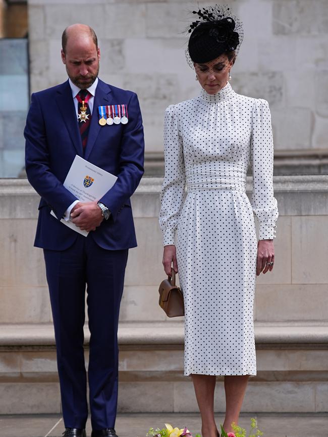 William and Kate lay flowers at the Innocent Victims' Memorial following a Service of Thanksgiving at Westminster Abbey in London. Picture: Aaron Chown – WPA Pool/Getty Images