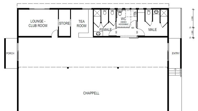 The plans propose internal renovations to the 360sq m building to create a large chapel area with a lounge or club room, store room, tea room and toilet facilities.