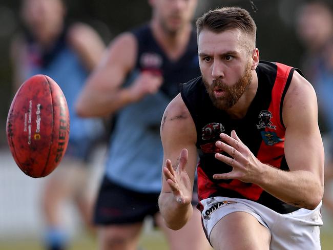 Jacob Polizzi in action during the EDFL Aberfeldie v Pascoe Vale football  match in Aberfeldie, Saturday, June 15, 2019.Picture: Andy Brownbill