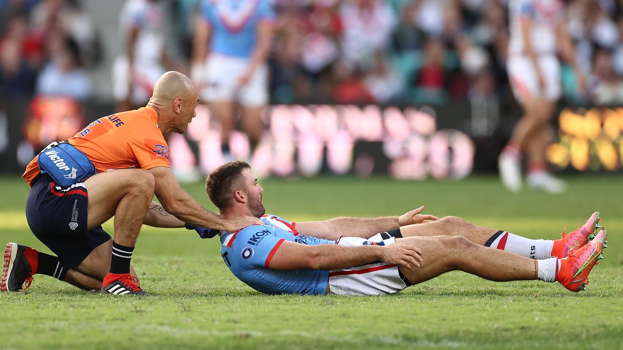 James Tedesco after copping a head knock. Picture: Getty Images