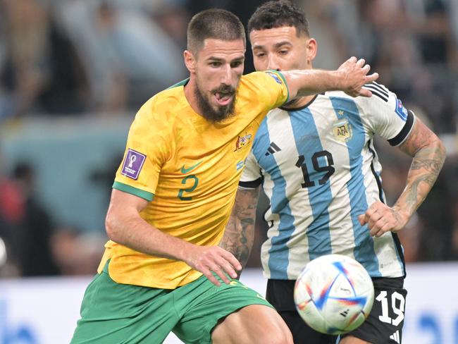 Milos Degenek was overcome by emotion during his post-match interview after Australia lost to Argentina. Picture: Evrim Aydin/Anadolu Agency/Getty Images