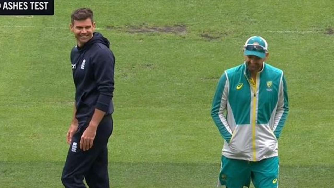 Jimmy Anderson and Nathan Lyon share a laugh.