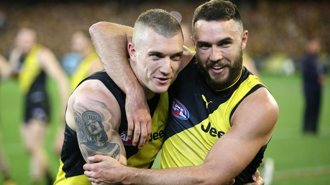 Dustin Martin and Shane Edwards celebrate after the game. Picture: Michael Klein