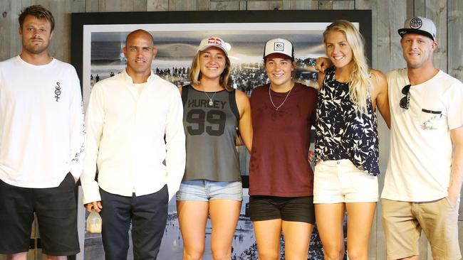 Dane Reynolds, Kelly Slater, Carissa Moore, Tyler Wright, Stephanie Gilmore and Mick Fanning address the media ahead of the opening round of the World Surf League. Picture: Luke Marsden.