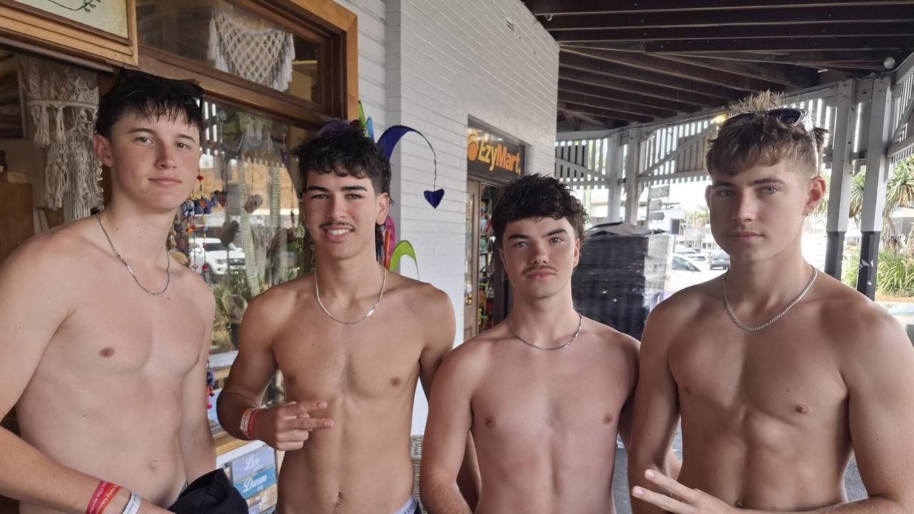 Jimmy Hodgson, 18, Luca Dybala, 18, Jedd Atkinson, 18, and Jaydon McCourt, 18, at Byron Bay Schoolies celebrations on November 28, 2024. Picture: Sam Stolz.