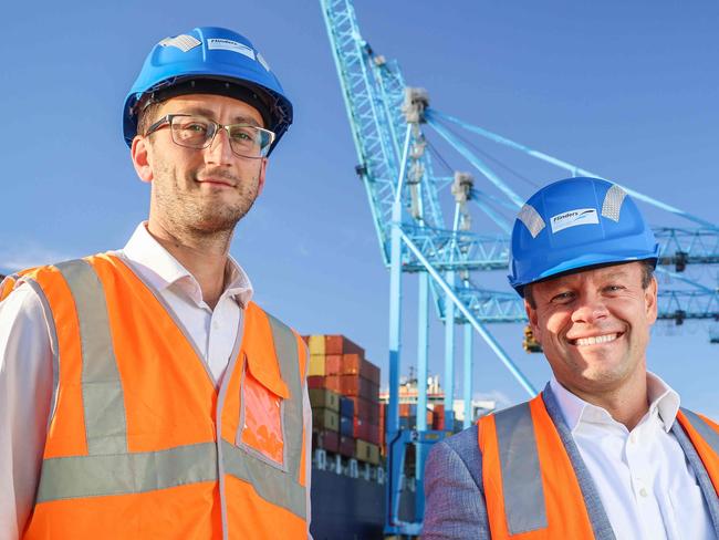 ADV NEWS Matt Michalewicz, Complexica managing director and Flinders Port CFO Keith Halifax (glasses)has struck a deal to use AI to help run the ports with Cranes etc at outer Harbor Container Terminal Image/Russell Millard