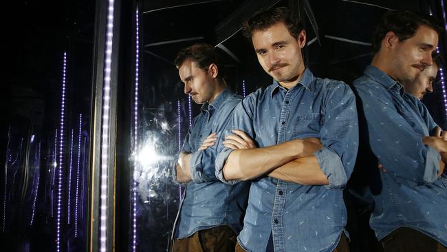 Multi faceted young actor, writer, musician Callan McAuliffe in the Mirror maze at Coney Island, Luna Park. Picture: John Appleyard