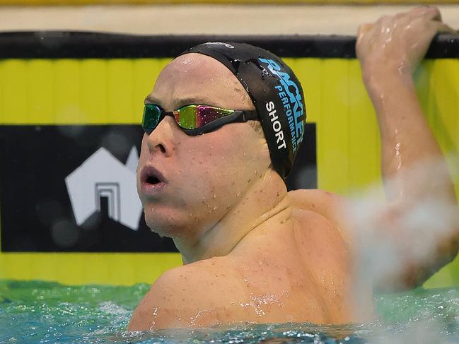 Samuel Short looks at this time after winning the men’s 400m freestyle. Picture: Getty Images