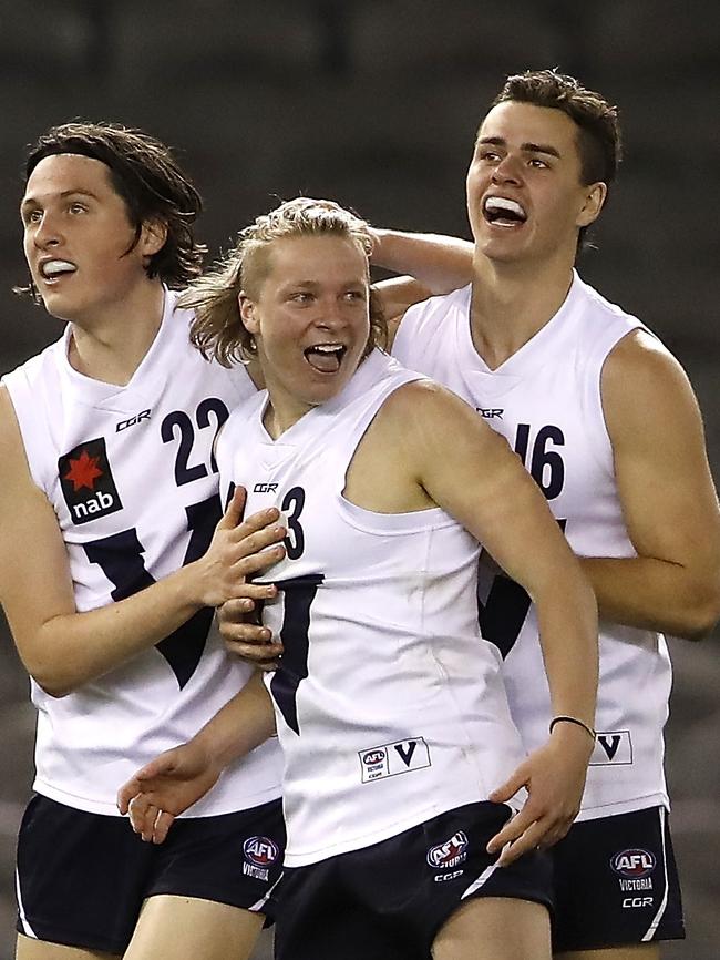 Small forward Cody Weightman celebrates a goal for Vic Country.