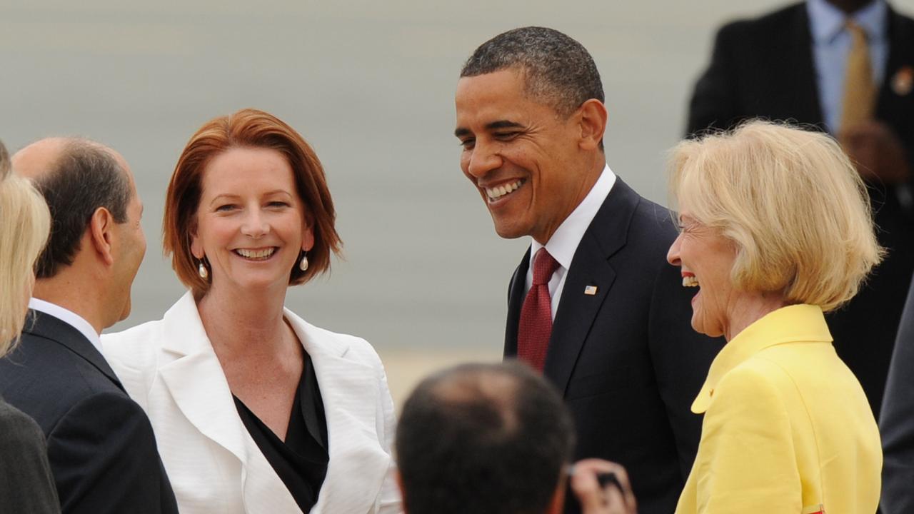 US President Barack Obama meets with Australian Prime Minister Julia Gillard and Governor General Quentin Bryce in Canberra in 2011. Picture: AAP Image/Greg Wood