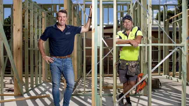 Jade Sheedy (left) with his brother Justin on a Sheedy Homes building site at Goodwood. Picture: Naomi Jellicoe.