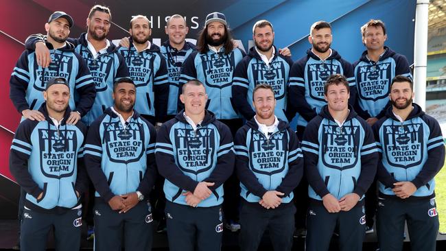 The Blues team — minus Dragons players Tyson Frizell and Josh Dugan, Cowboys’ James Tamou and Rabbitohs’ Adam Reynolds — at the announcement for Game 3. Picture: Gregg Porteous