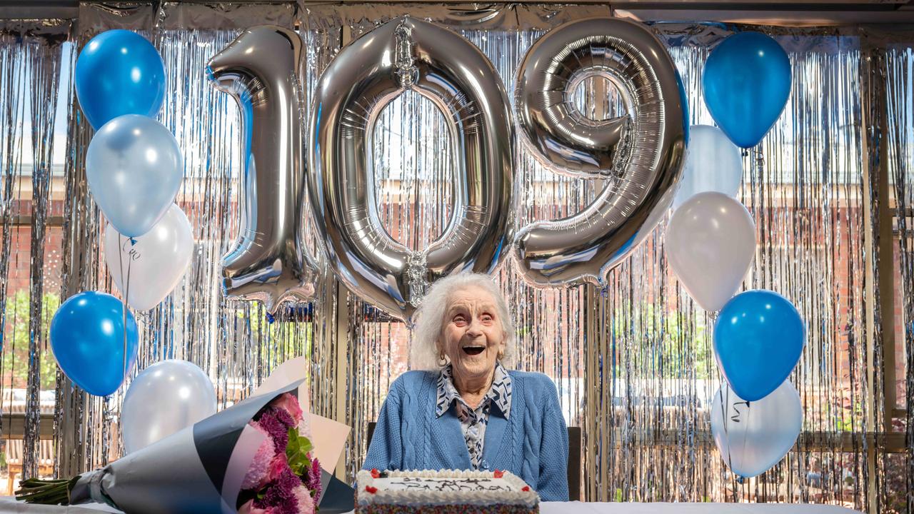 Lifelong Geelong resident and Cats superfan Jean Reynolds has turned 109. Picture: Brad Fleet