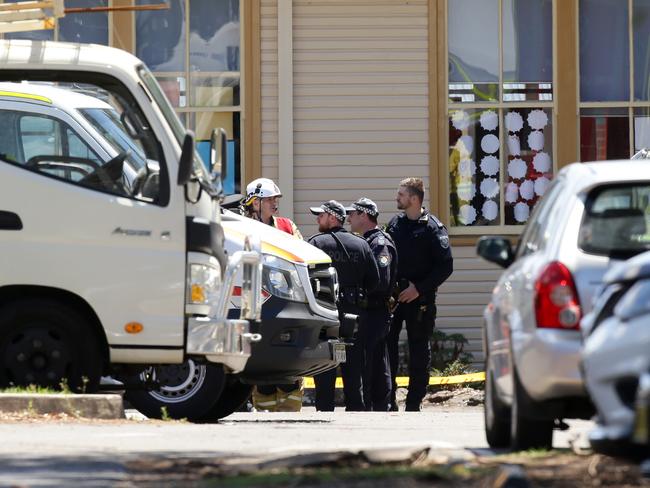 Emergency services outside Banksia Road Primary School in Greenacre after a female driver crashed her Toyota into the school. Picture: Jonathan Ng