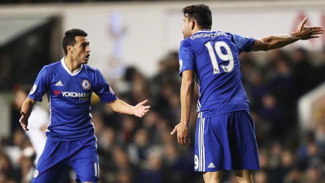 Pedro of Chelsea (L) and Diego Costa of Chelsea (R) argue.