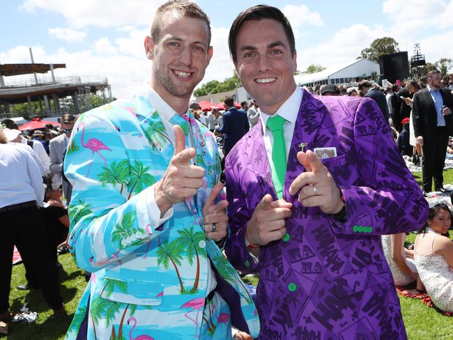 Andrew Strickland and Rob Bosher a colourful duo at Derby Day. Picture: David Crosling
