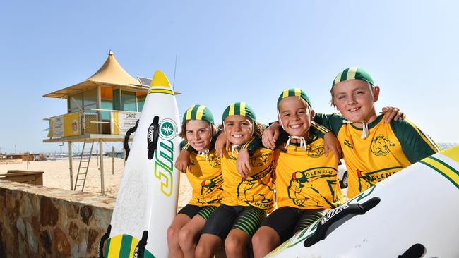 Glenelg SLSC nippers Angus Ganley, 11, Astin Rouvray, 11, Charlie Crowe, 11 and Lachlan Larven, 12, helped save two tourists from drowning off Glenelg beach. Picture: AAP/ Keryn Stevens