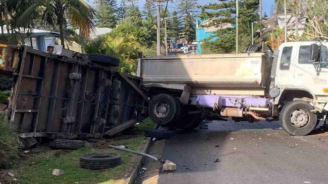 The six-tonne tipper truck was towing a trailer with a 9.5 tonne bitumen machine on a street with a three-tonne vehicle weight limit. Picture: CareFlight