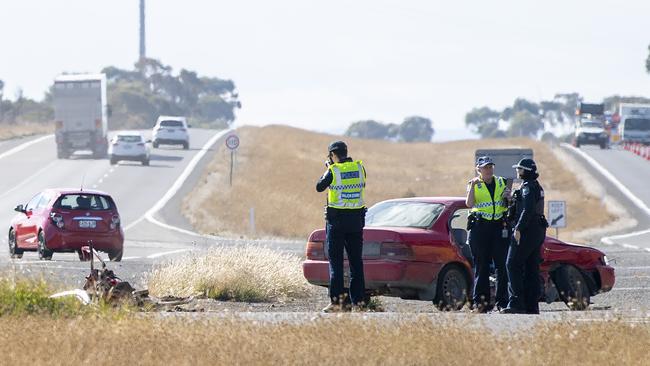 Police investigate a two car collision on Sturt Highway and Argent Road Kingsford. Picture: Mark Brake