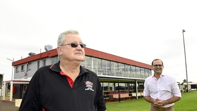 Valleys Roosters junior secretary Garry Tallon (left) discusses how the club will use its Gambling Community Benefit Fund grant with Member for Toowoomba South David Janetzki.