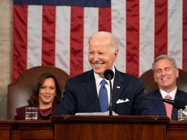 US President Joe Biden delivers the speech as US Vice President Kamala Harris and US Speaker of the House Kevin McCarthy look on. Picture: AFP