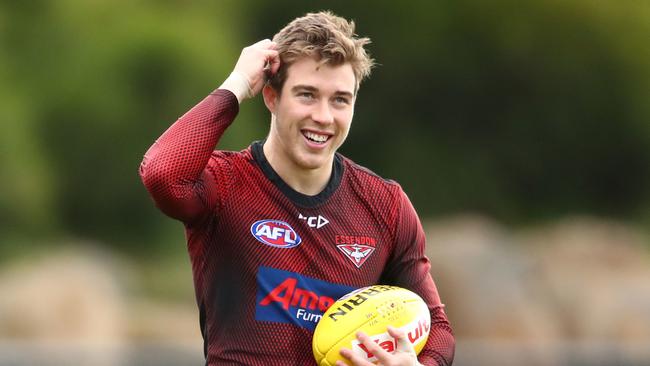 Zach Merrett of the Bombers looks on during an Essendon Bombers training session at the Hangar in Tullamarine, Melbourne, Wednesday, August 7, 2019. (AAP Image/Scott Barbour) NO ARCHIVING