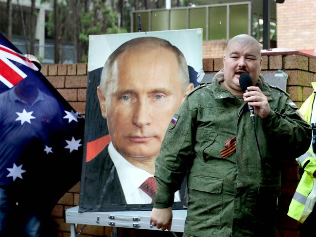 DAILY TELEGRAPH, MARCH 6, 2022: Simeon Boikov pictured speaking at the Stand with Russia Rally outside the Russian Consulate in Woollahra.Picture: Damian Shaw