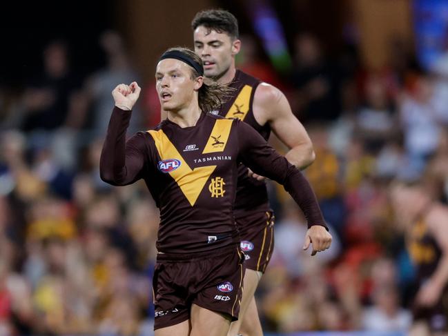 Jack Ginnivan celebrates a goal on Saturday night. Picture: Russell Freeman/AFL Photos