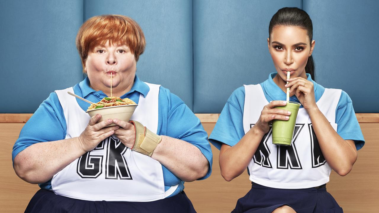 Kim Kardashian and Magda Szubanski as Sharon Strzelecki in their UberEATS ad.