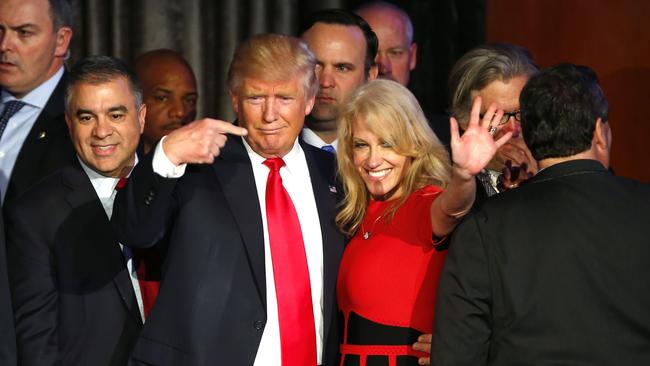 Donald Trump gestures to Kellyanne Conway after addressing his supporters and celebrating his Presidential win at his election night event at the New York Hilton Midtown in New York City on November 9, 2016. Picture: Getty Images